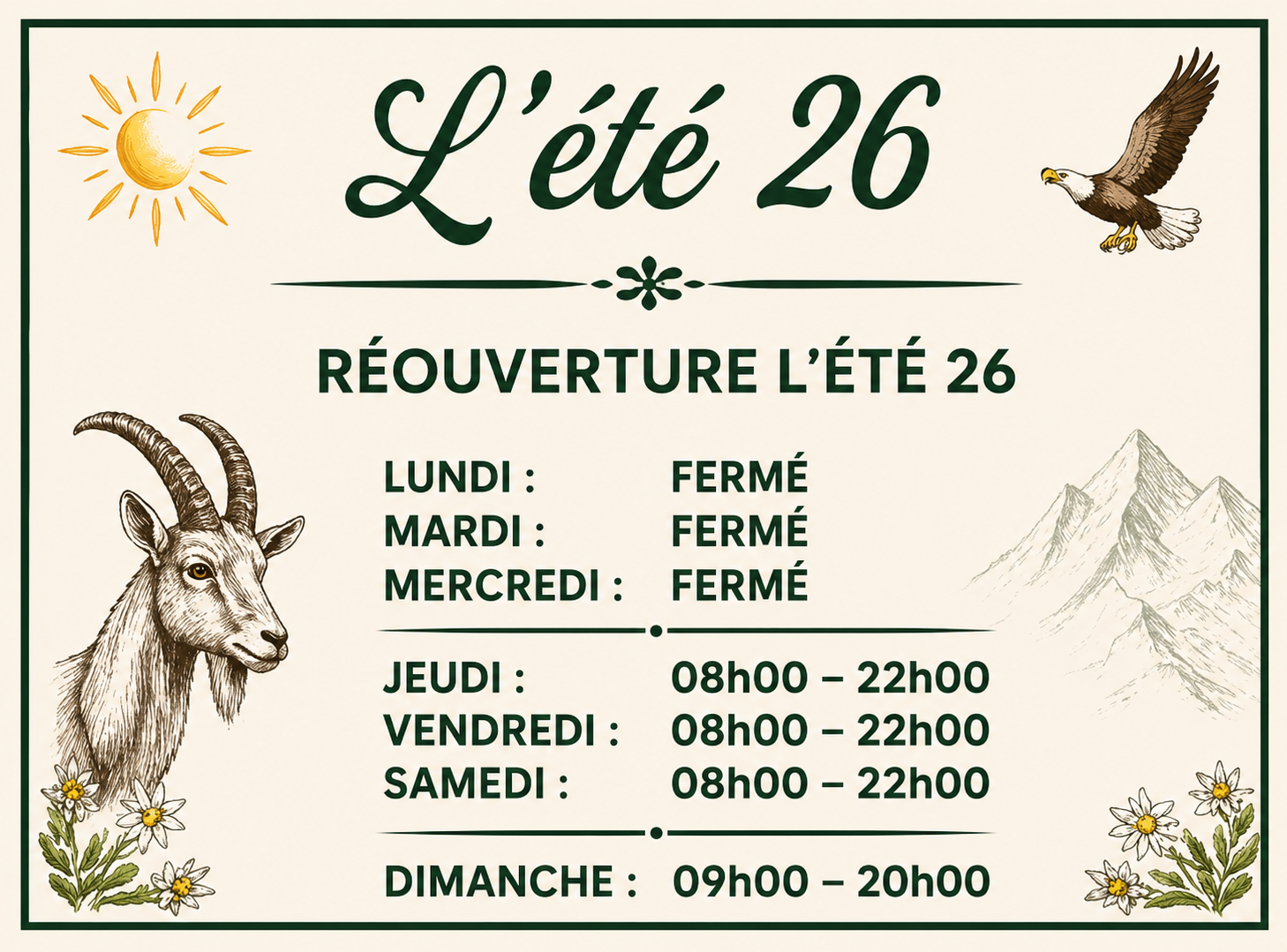 Annonce Réouverture l’été 26 avec horaires du Café du Village du Levron